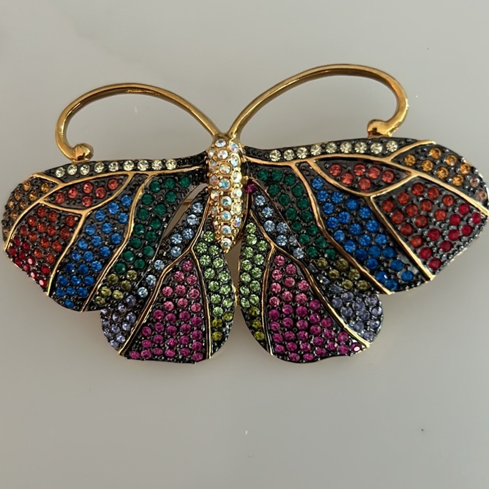 Joan Rivers rainbow crystals Moth butterfly Brooch. Vintage.